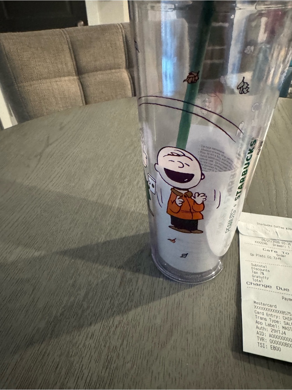 Brand New Peanuts Clear Tumbler with Green Straw and Orange Jacket Artwork